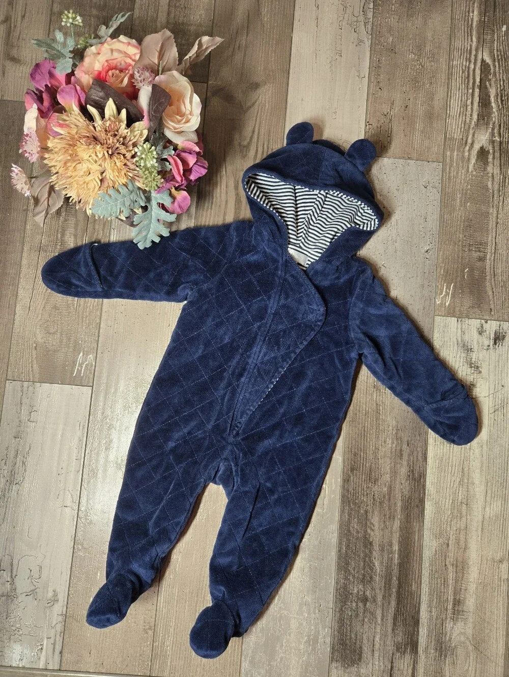 Quiltex Navy Blue Quilted Hooded Baby One‑Piece with Ears – Size 6/9 Months